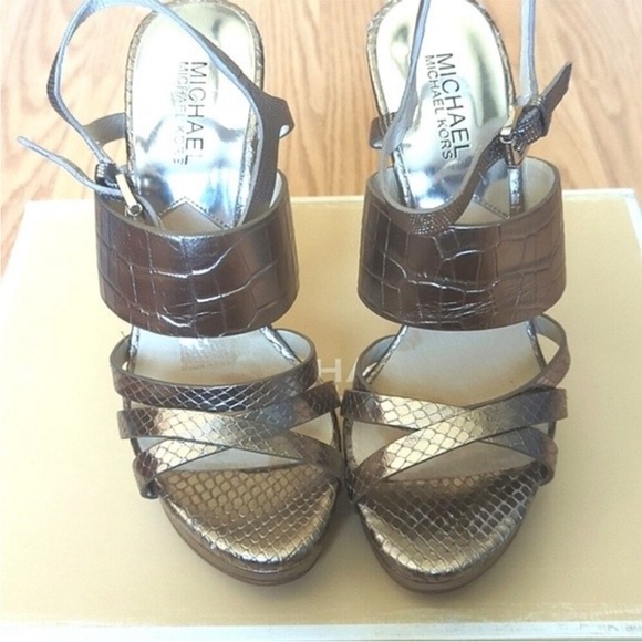 Michael kors NADJA leather embossed metallic platform high heel bronze pewter - Picture 4 of 16